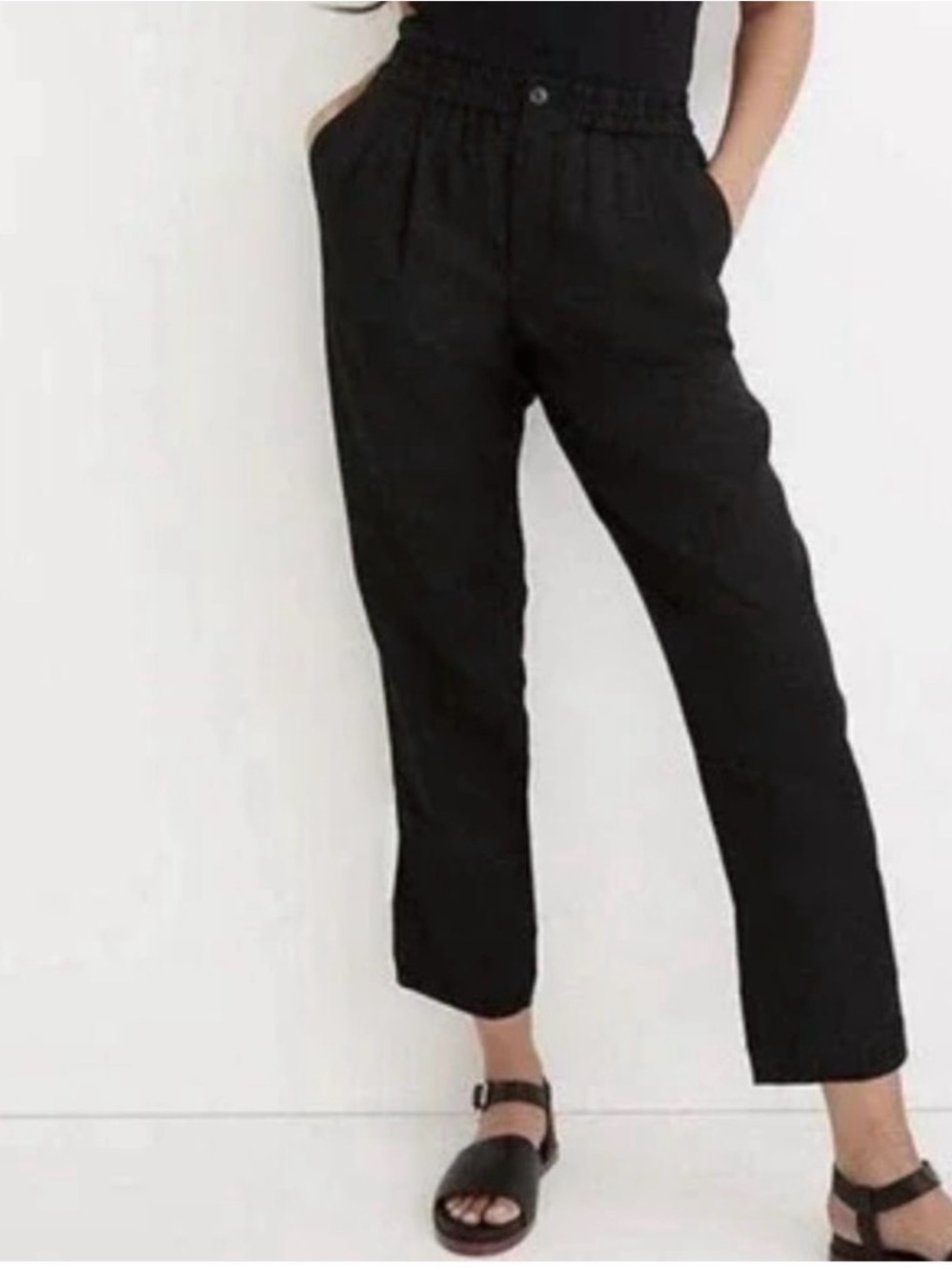 Madewell Black Linen Blend Track Trousers High Rise Size L Beachy Travel